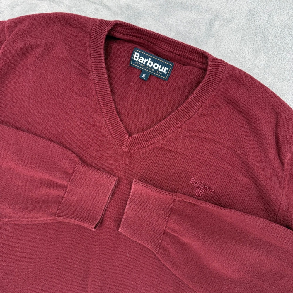 Barbour Essential V Neck Burgundy Cotton Sweater XL‎ Embroidered Logo Mens XL